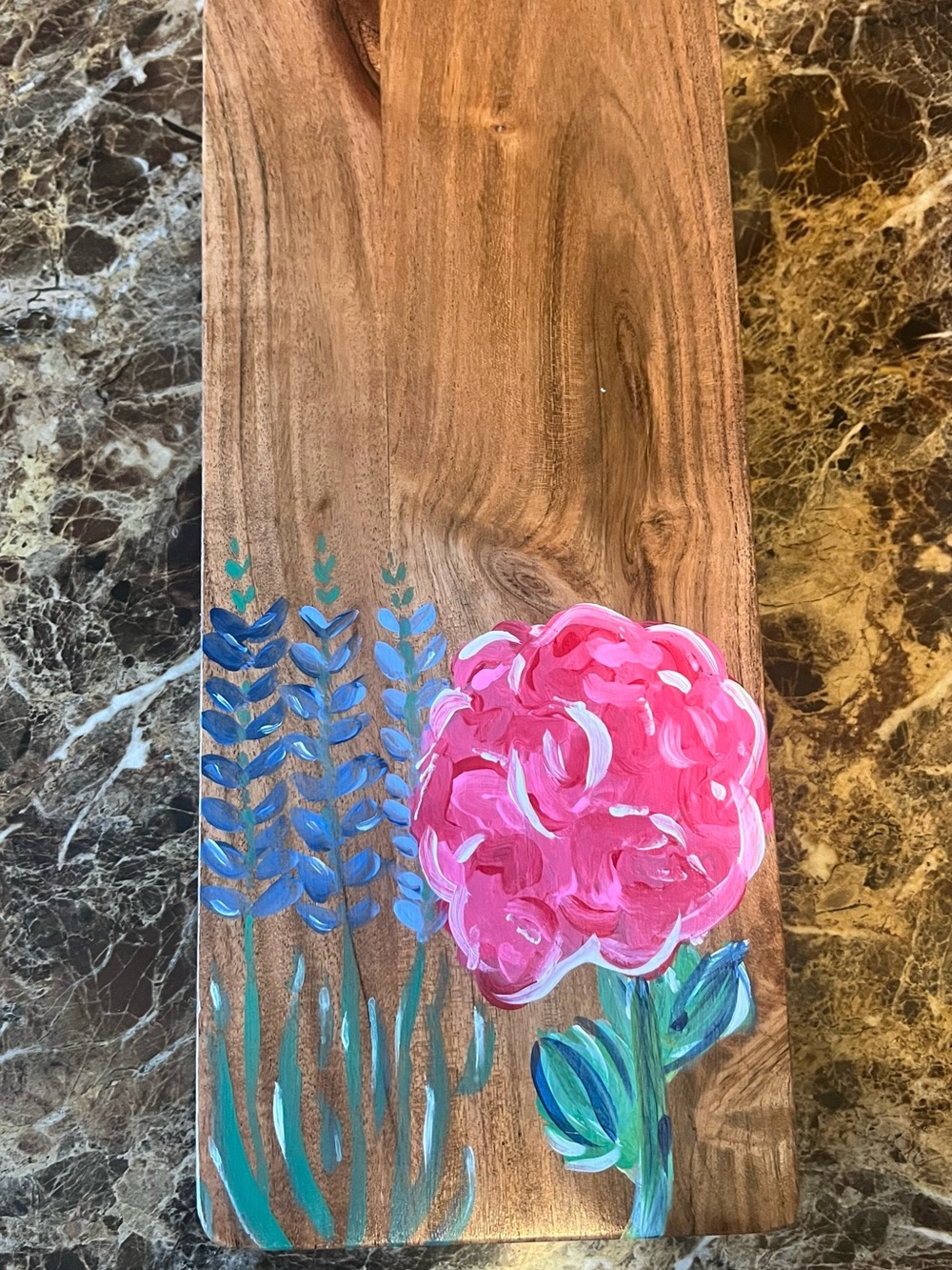 Hand-Painted Floral Wood Serving Board - Pink Peony